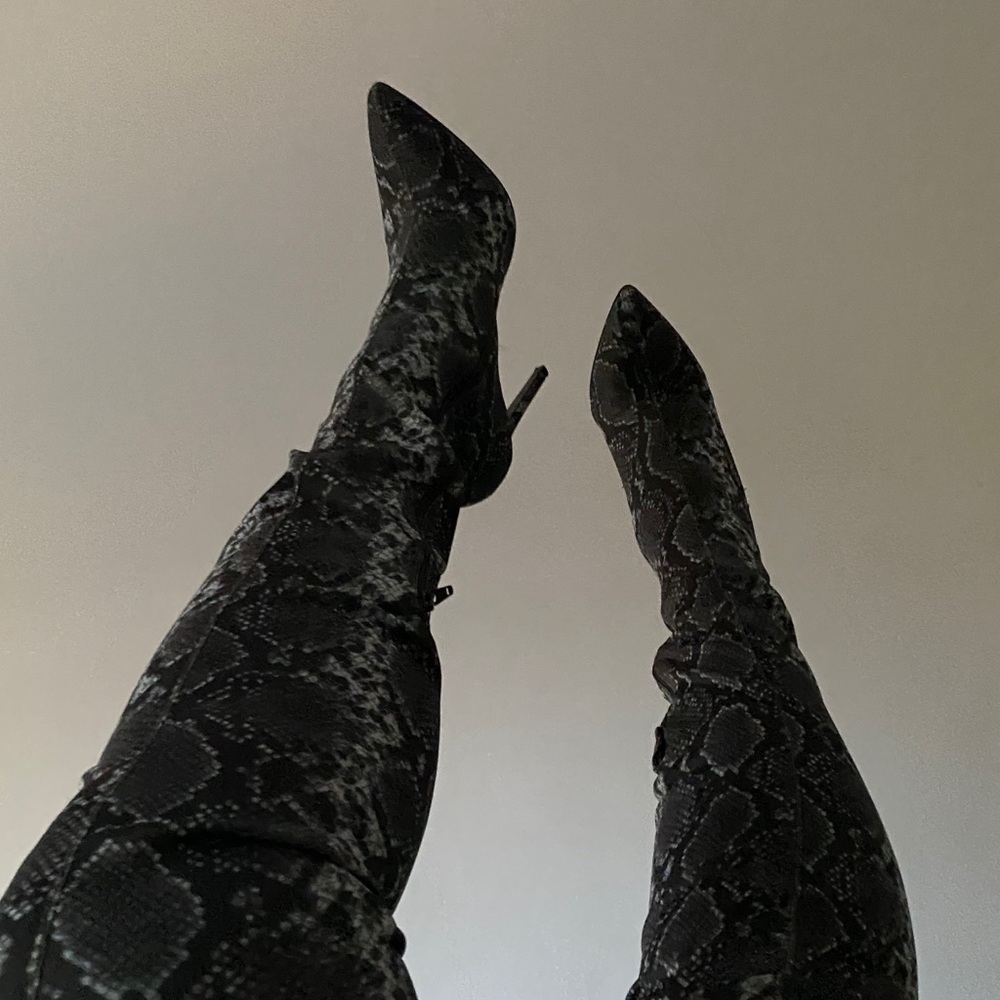 Snake skin thigh high boots